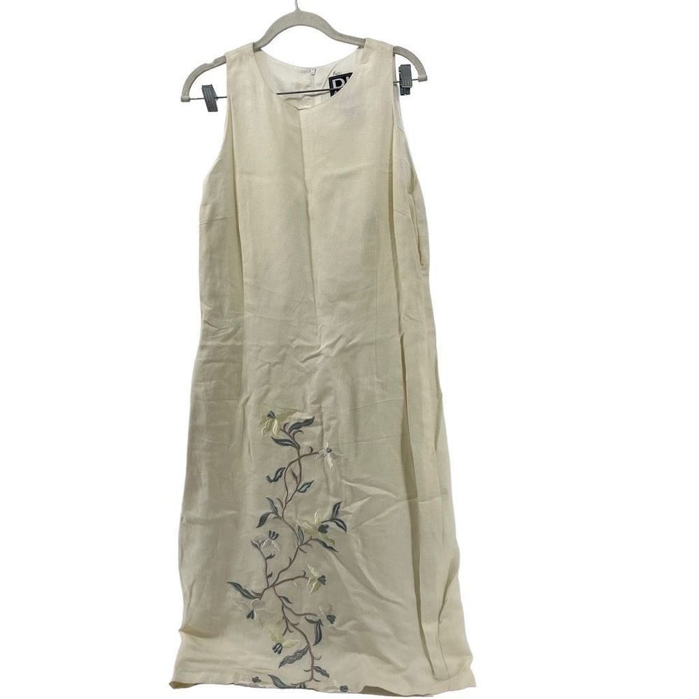 Vintage DJ & Co. Dawn Joy Women's Linen Blend Floral Dress Cream Embroidered 12